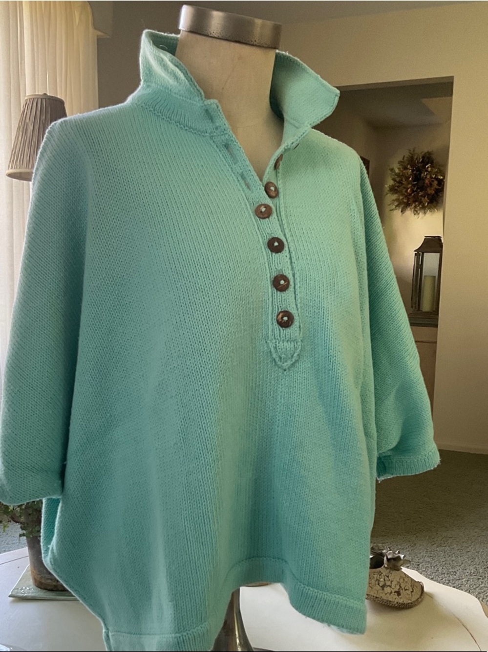 Light Teal Button-Front Women's Pullover Sweater